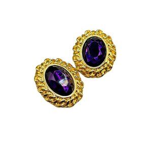 Vintage KJL Gold Tone Clip On Earrings with Purple Acrylic Stones Oval Shaped